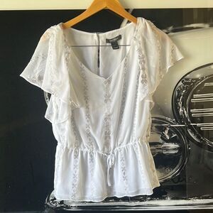 White House Black Market womans white ruffle, short sleeve dress blouse